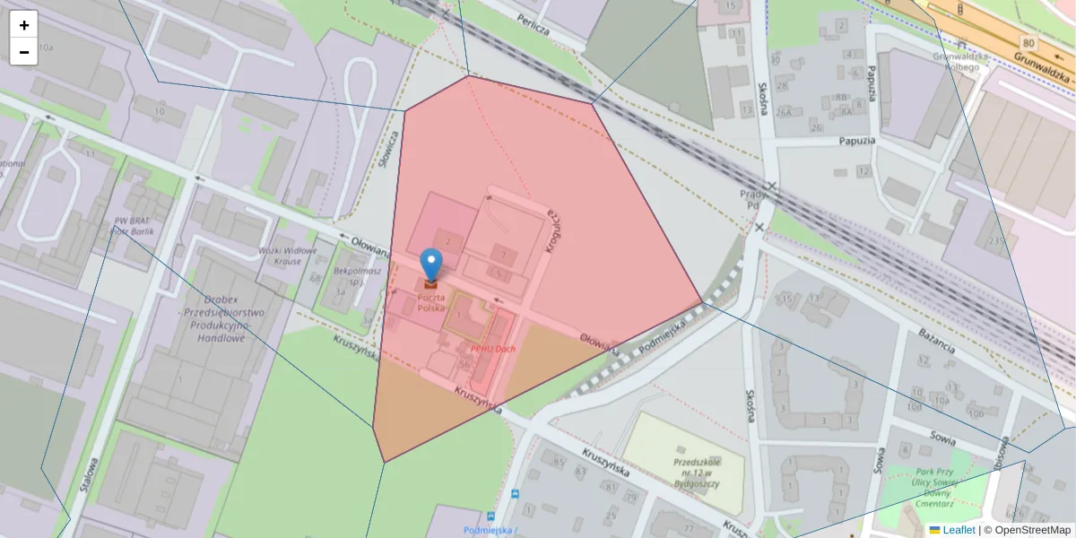 Szczegółowa mapa kodu pocztowego 85-460 z granicami, sąsiednimi kodami pocztowymi i urzędami pocztowymi