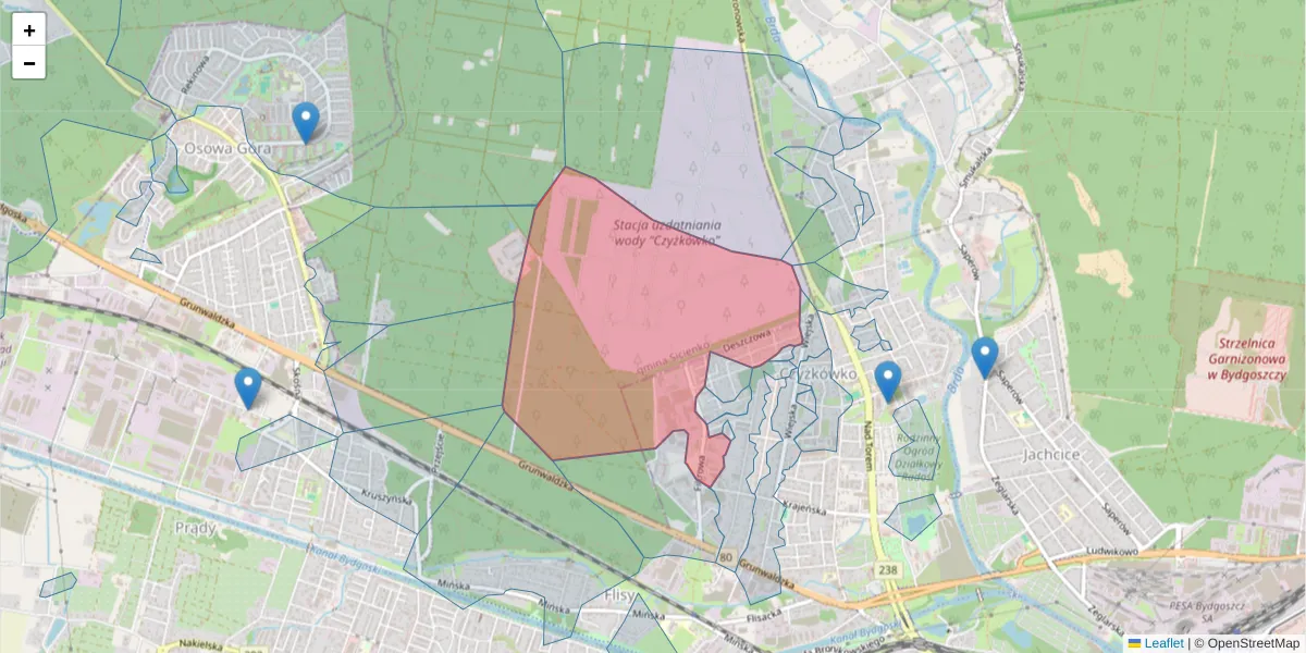 Szczegółowa mapa kodu pocztowego 85-467 z granicami, sąsiednimi kodami pocztowymi i urzędami pocztowymi