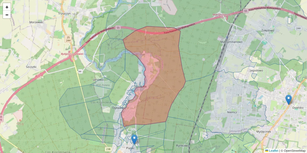 Szczegółowa mapa kodu pocztowego 85-485 z granicami, sąsiednimi kodami pocztowymi i urzędami pocztowymi