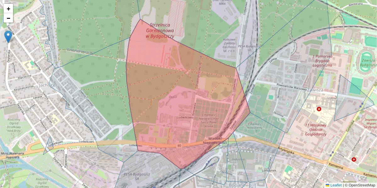 Szczegółowa mapa kodu pocztowego 85-503 z granicami, sąsiednimi kodami pocztowymi i urzędami pocztowymi