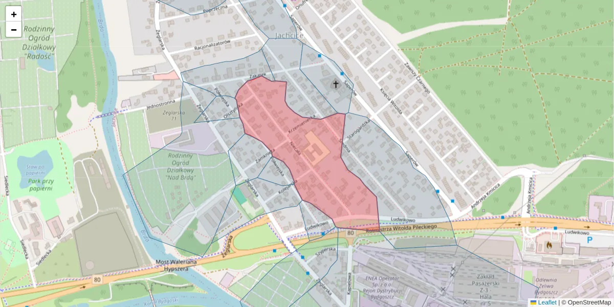 Szczegółowa mapa kodu pocztowego 85-516 z granicami, sąsiednimi kodami pocztowymi i urzędami pocztowymi