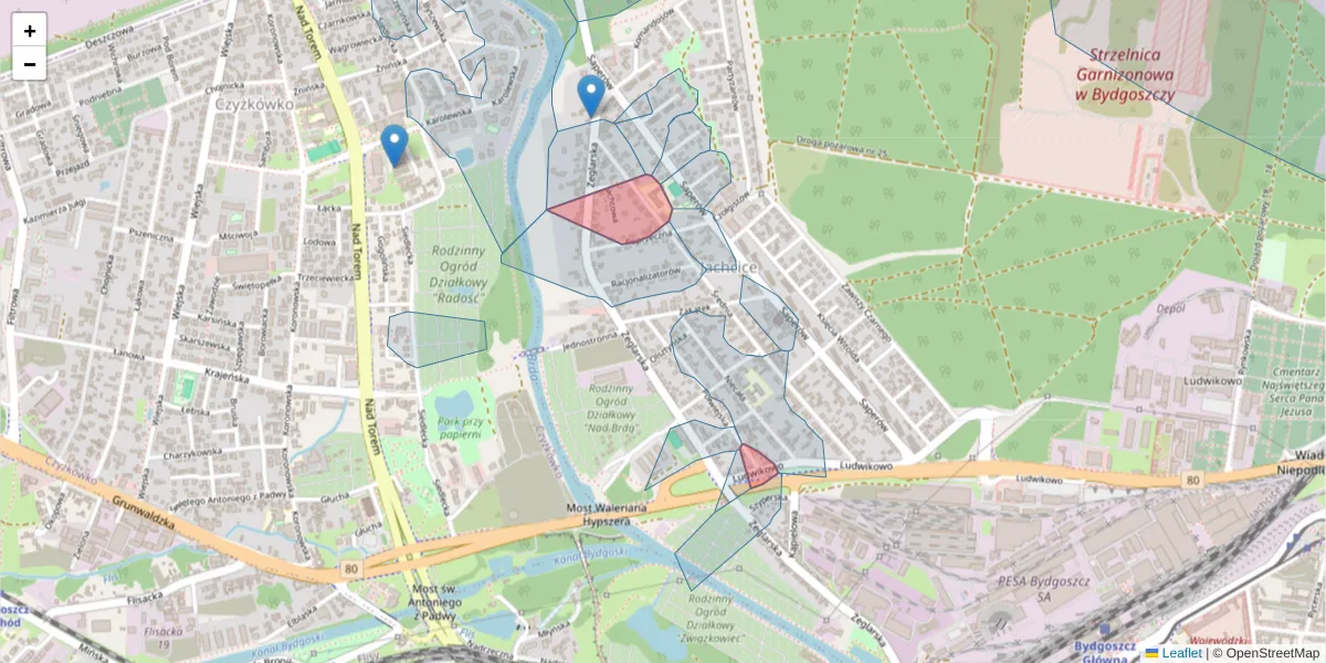Szczegółowa mapa kodu pocztowego 85-517 z granicami, sąsiednimi kodami pocztowymi i urzędami pocztowymi