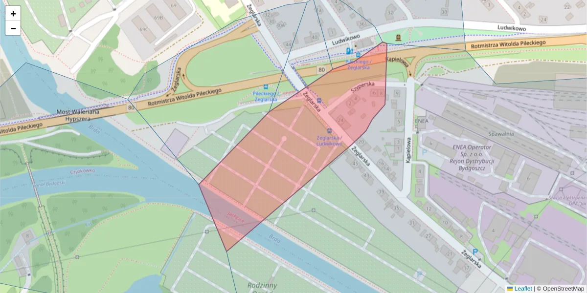 Szczegółowa mapa kodu pocztowego 85-518 z granicami, sąsiednimi kodami pocztowymi i urzędami pocztowymi