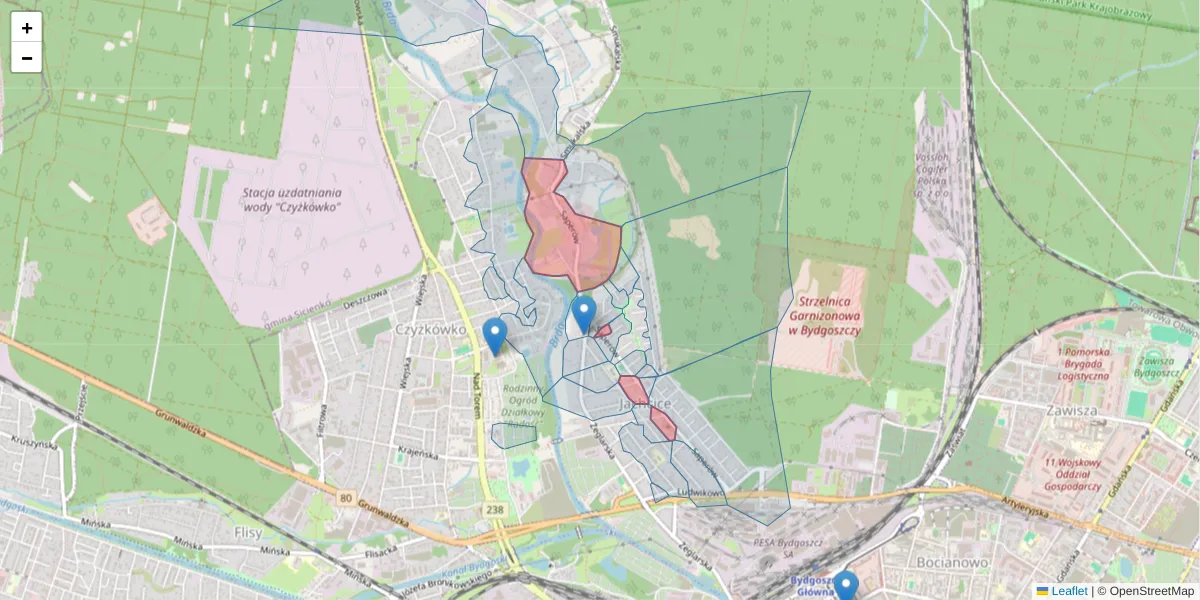 Szczegółowa mapa kodu pocztowego 85-542 z granicami, sąsiednimi kodami pocztowymi i urzędami pocztowymi