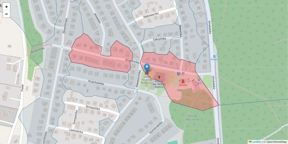 Szczegółowa mapa kodu pocztowego 85-555 z granicami, sąsiednimi kodami pocztowymi i urzędami pocztowymi