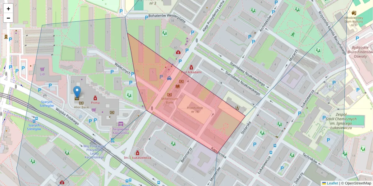 Szczegółowa mapa kodu pocztowego 85-605 z granicami, sąsiednimi kodami pocztowymi i urzędami pocztowymi