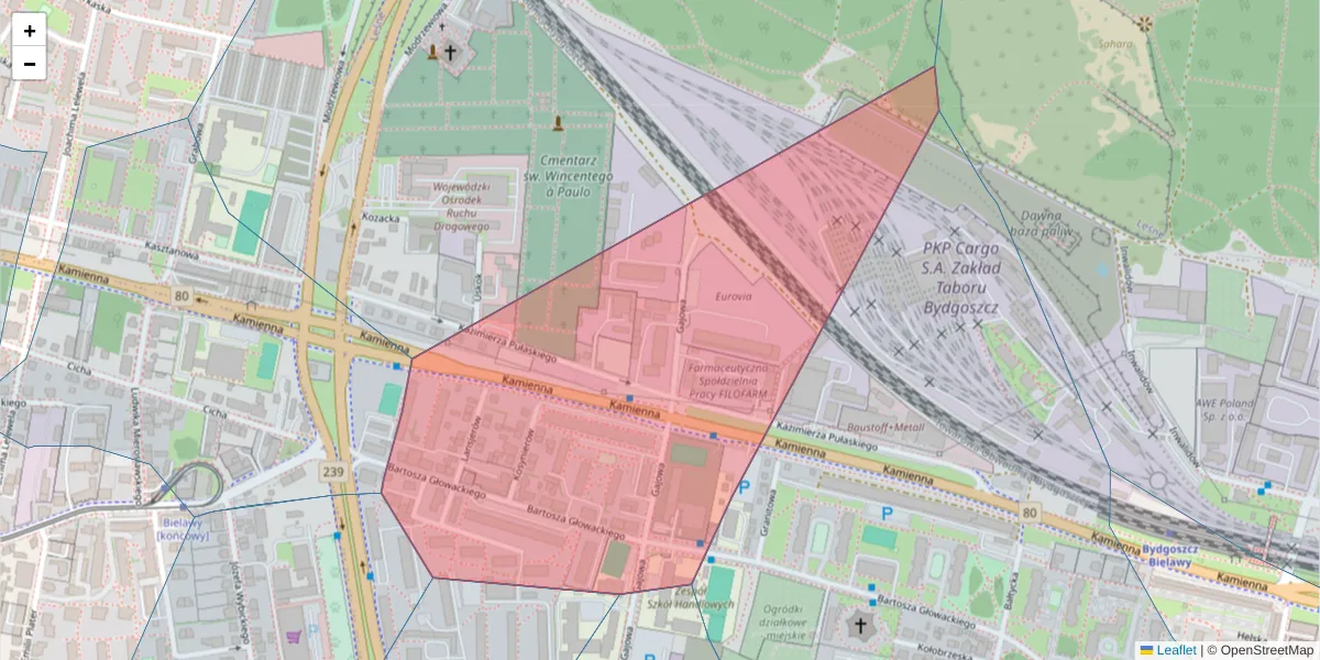 Szczegółowa mapa kodu pocztowego 85-615 z granicami, sąsiednimi kodami pocztowymi i urzędami pocztowymi