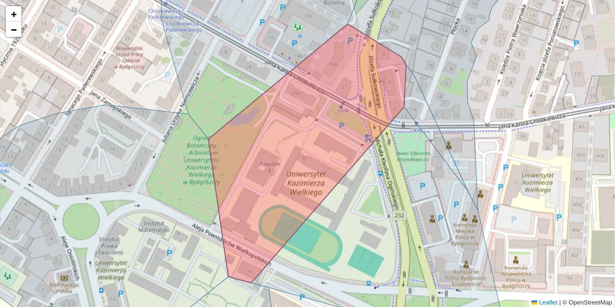 Szczegółowa mapa kodu pocztowego 85-655 z granicami, sąsiednimi kodami pocztowymi i urzędami pocztowymi