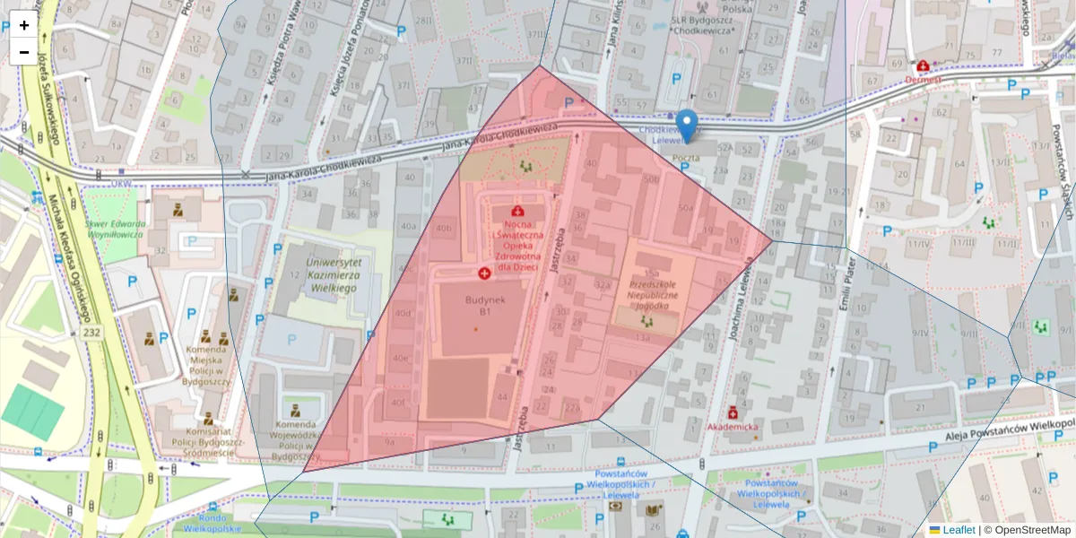 Szczegółowa mapa kodu pocztowego 85-668 z granicami, sąsiednimi kodami pocztowymi i urzędami pocztowymi