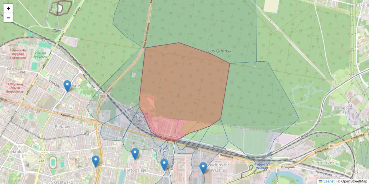 Szczegółowa mapa kodu pocztowego 85-706 z granicami, sąsiednimi kodami pocztowymi i urzędami pocztowymi