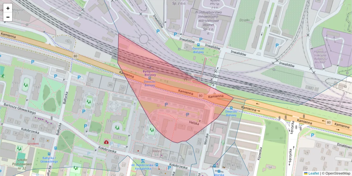 Szczegółowa mapa kodu pocztowego 85-726 z granicami, sąsiednimi kodami pocztowymi i urzędami pocztowymi
