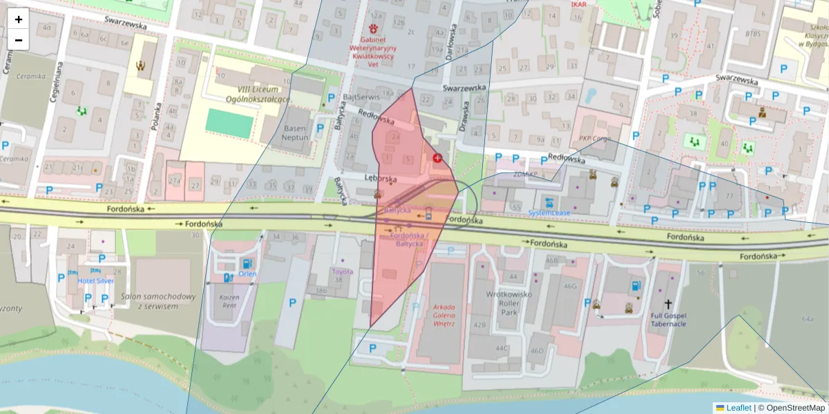 Szczegółowa mapa kodu pocztowego 85-728 z granicami, sąsiednimi kodami pocztowymi i urzędami pocztowymi