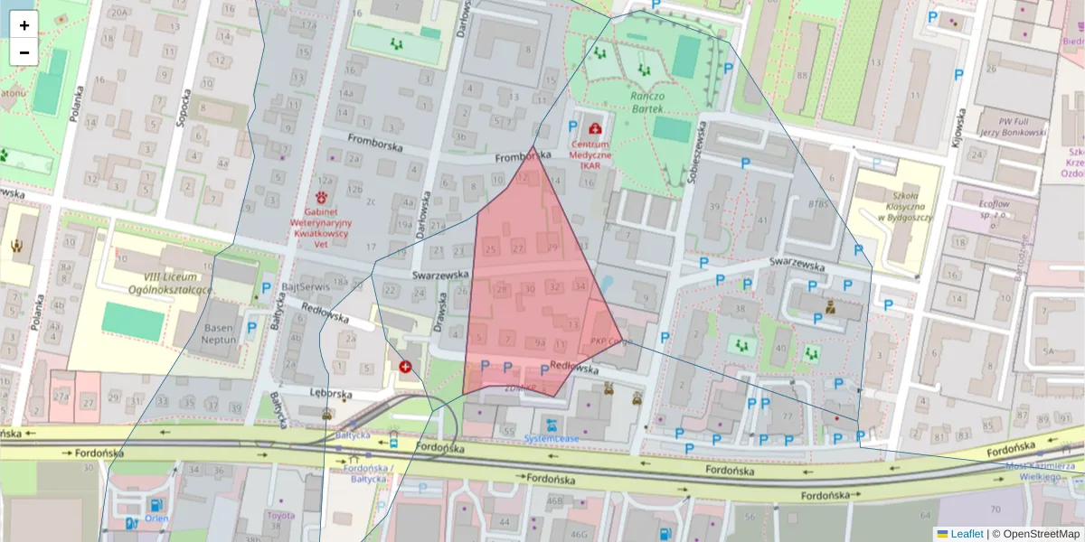 Szczegółowa mapa kodu pocztowego 85-729 z granicami, sąsiednimi kodami pocztowymi i urzędami pocztowymi