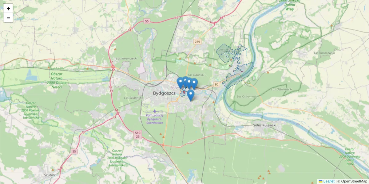 Szczegółowa mapa kodu pocztowego 85-730 z granicami, sąsiednimi kodami pocztowymi i urzędami pocztowymi