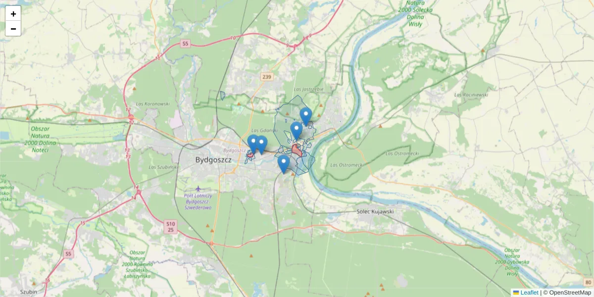 Szczegółowa mapa kodu pocztowego 85-733 z granicami, sąsiednimi kodami pocztowymi i urzędami pocztowymi