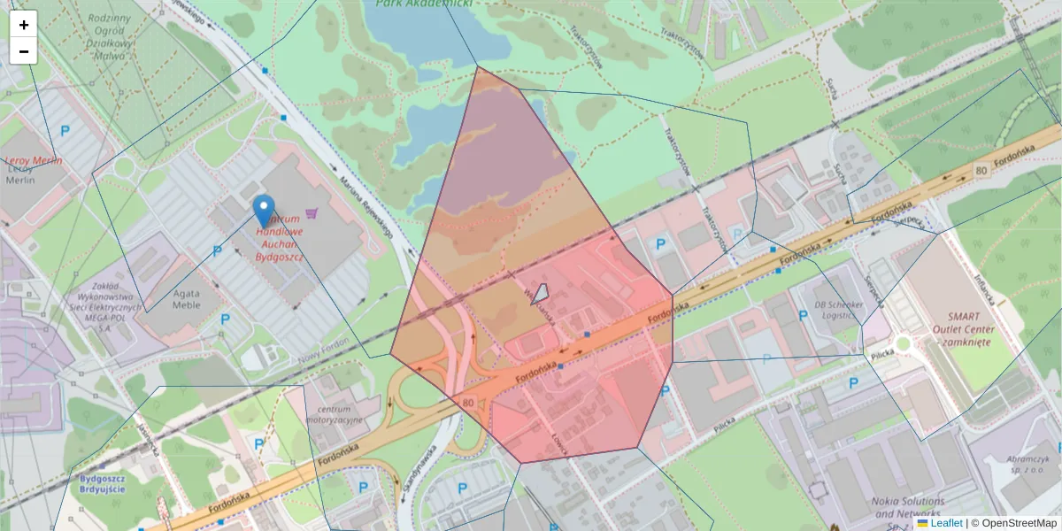 Szczegółowa mapa kodu pocztowego 85-765 z granicami, sąsiednimi kodami pocztowymi i urzędami pocztowymi