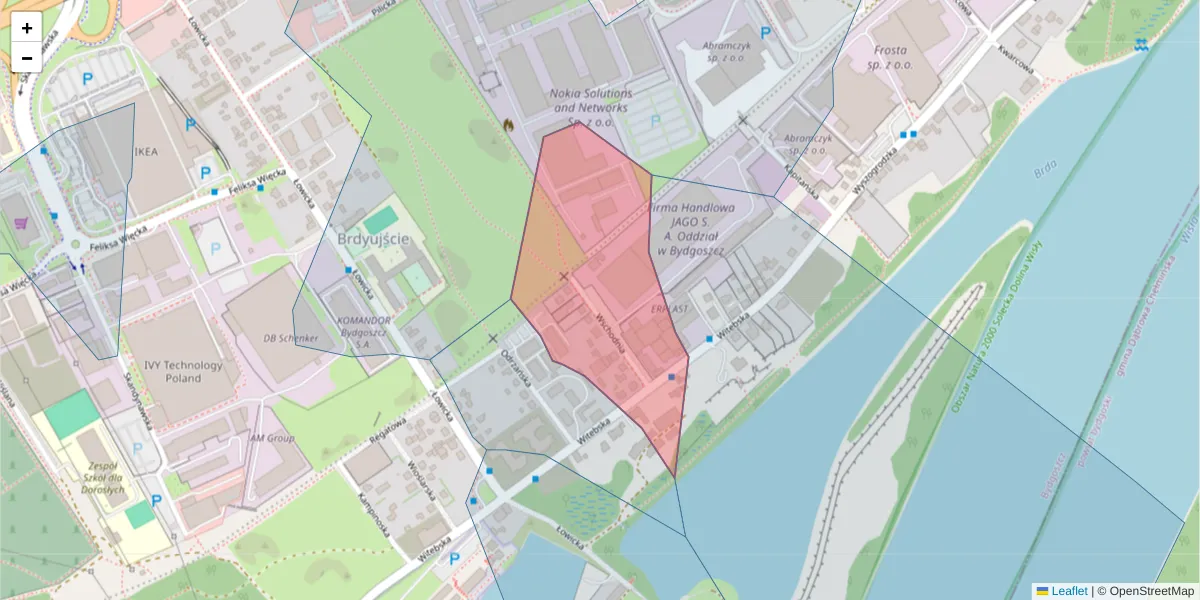 Szczegółowa mapa kodu pocztowego 85-779 z granicami, sąsiednimi kodami pocztowymi i urzędami pocztowymi