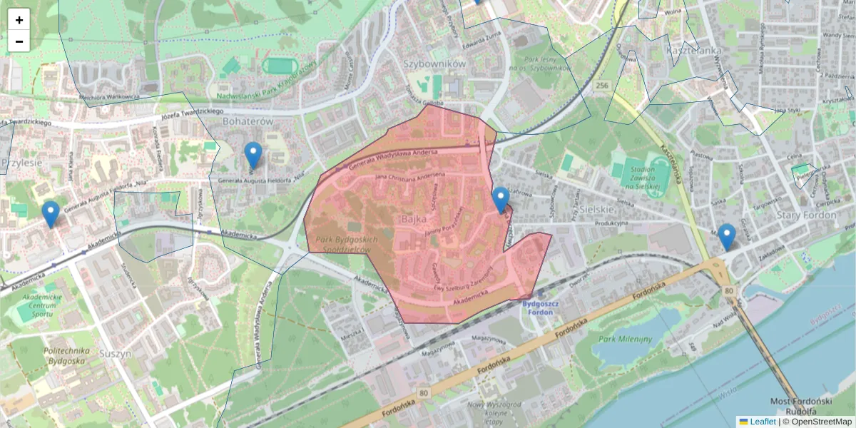 Szczegółowa mapa kodu pocztowego 85-792 z granicami, sąsiednimi kodami pocztowymi i urzędami pocztowymi