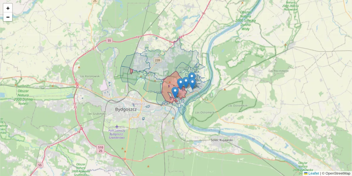 Szczegółowa mapa kodu pocztowego 85-796 z granicami, sąsiednimi kodami pocztowymi i urzędami pocztowymi