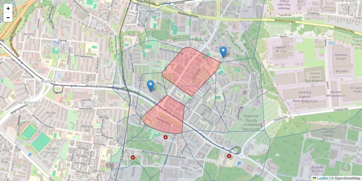 Szczegółowa mapa kodu pocztowego 85-806 z granicami, sąsiednimi kodami pocztowymi i urzędami pocztowymi