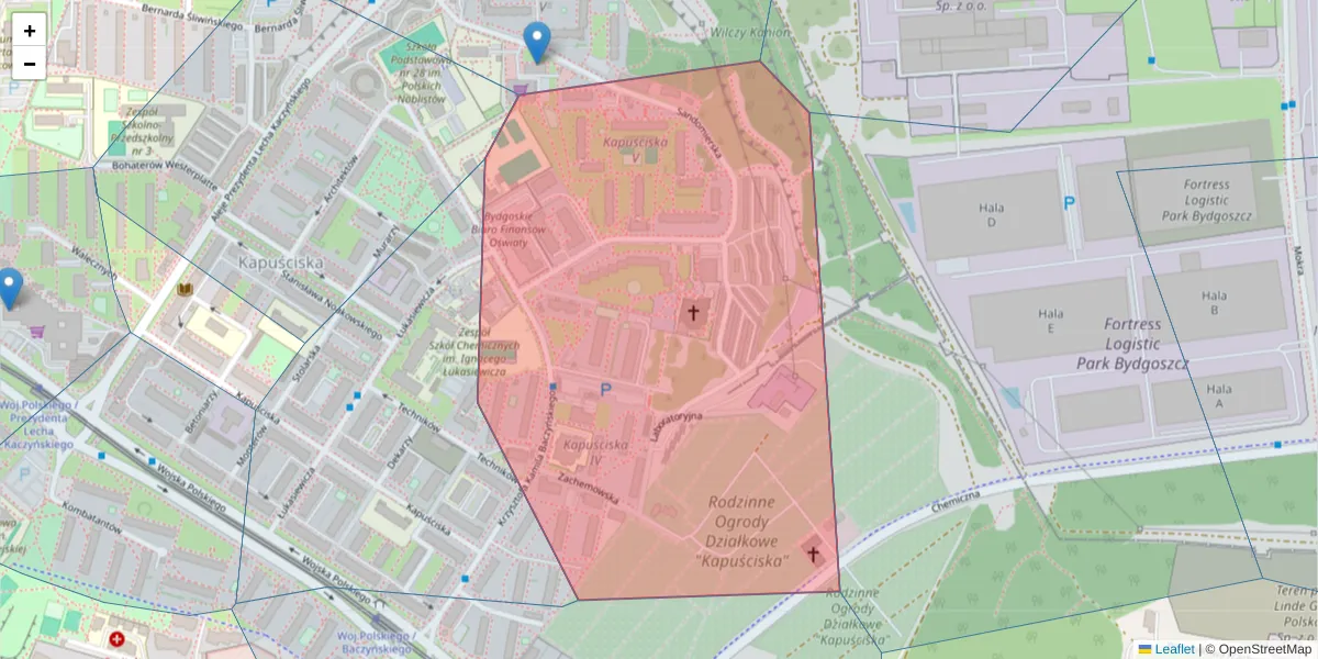 Szczegółowa mapa kodu pocztowego 85-822 z granicami, sąsiednimi kodami pocztowymi i urzędami pocztowymi