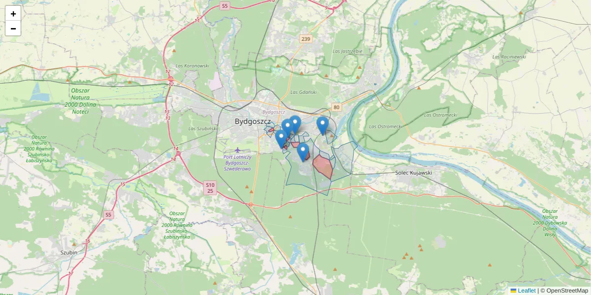 Szczegółowa mapa kodu pocztowego 85-825 z granicami, sąsiednimi kodami pocztowymi i urzędami pocztowymi