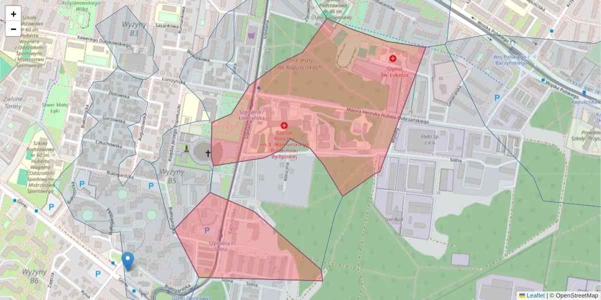 Szczegółowa mapa kodu pocztowego 85-826 z granicami, sąsiednimi kodami pocztowymi i urzędami pocztowymi