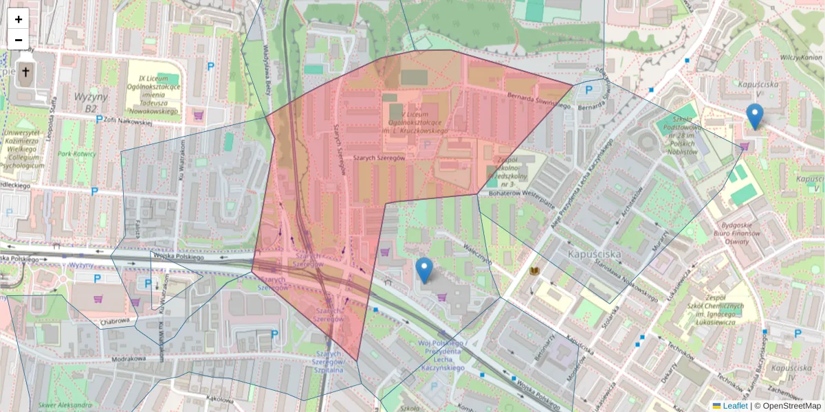 Szczegółowa mapa kodu pocztowego 85-829 z granicami, sąsiednimi kodami pocztowymi i urzędami pocztowymi