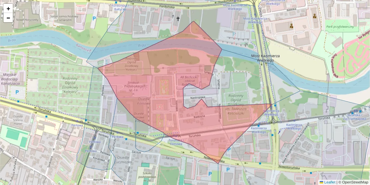 Szczegółowa mapa kodu pocztowego 85-836 z granicami, sąsiednimi kodami pocztowymi i urzędami pocztowymi