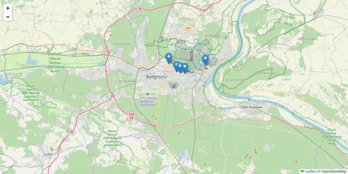 Szczegółowa mapa kodu pocztowego 85-856 z granicami, sąsiednimi kodami pocztowymi i urzędami pocztowymi
