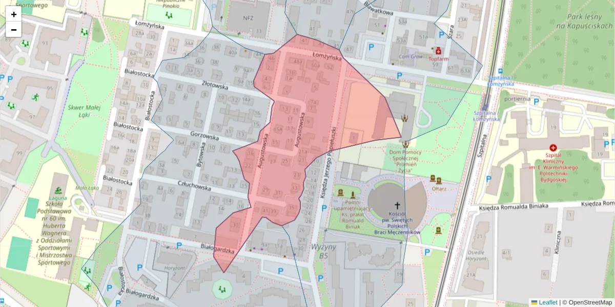 Szczegółowa mapa kodu pocztowego 85-859 z granicami, sąsiednimi kodami pocztowymi i urzędami pocztowymi