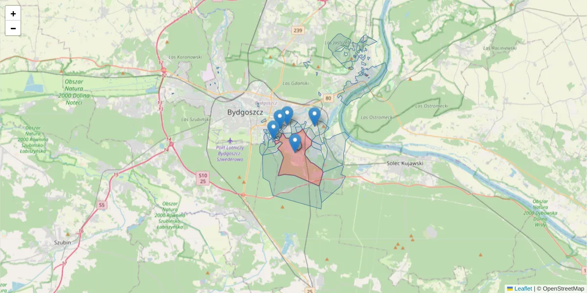 Szczegółowa mapa kodu pocztowego 85-862 z granicami, sąsiednimi kodami pocztowymi i urzędami pocztowymi