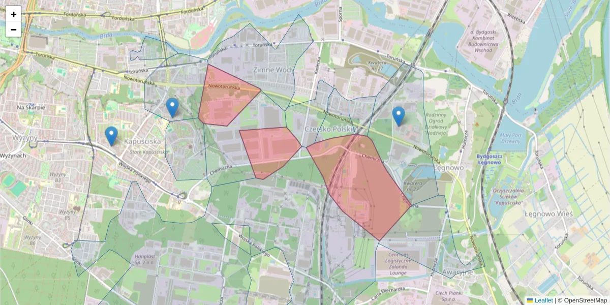 Szczegółowa mapa kodu pocztowego 85-871 z granicami, sąsiednimi kodami pocztowymi i urzędami pocztowymi