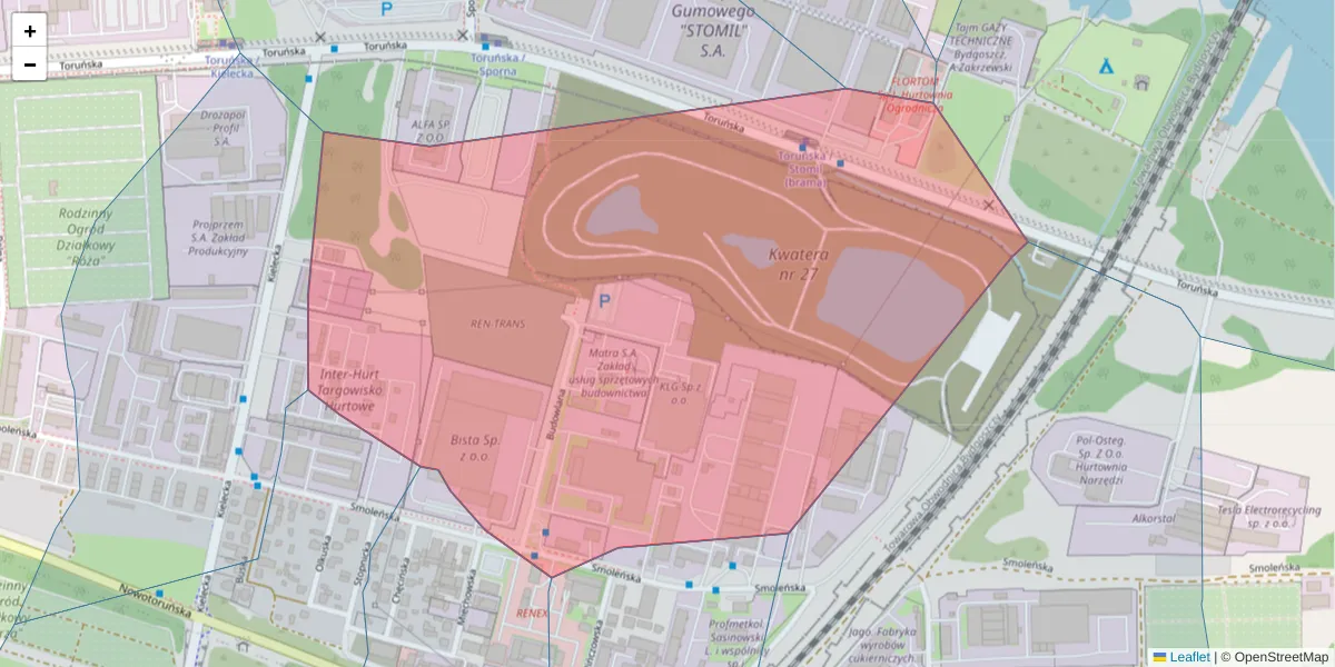 Szczegółowa mapa kodu pocztowego 85-874 z granicami, sąsiednimi kodami pocztowymi i urzędami pocztowymi
