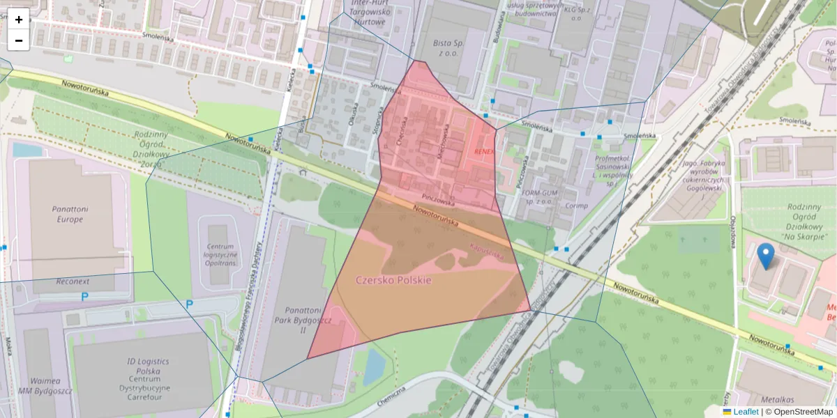 Szczegółowa mapa kodu pocztowego 85-875 z granicami, sąsiednimi kodami pocztowymi i urzędami pocztowymi