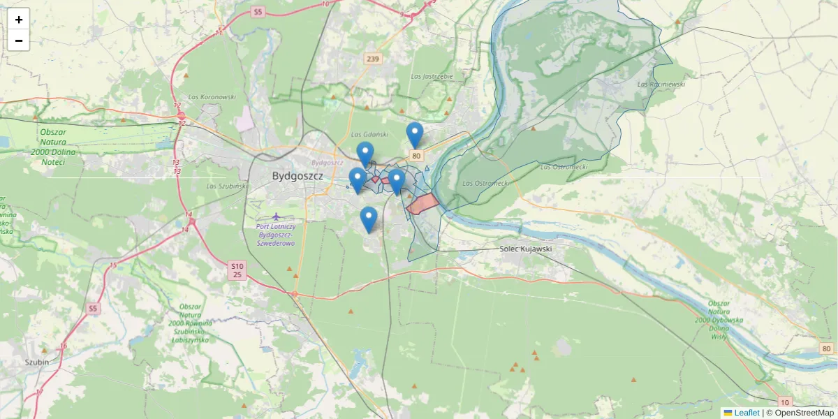 Szczegółowa mapa kodu pocztowego 85-880 z granicami, sąsiednimi kodami pocztowymi i urzędami pocztowymi