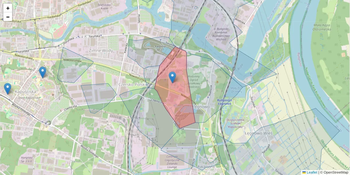 Szczegółowa mapa kodu pocztowego 85-881 z granicami, sąsiednimi kodami pocztowymi i urzędami pocztowymi