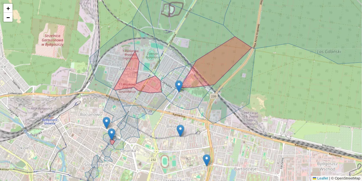 Szczegółowa mapa kodu pocztowego 85-915 z granicami, sąsiednimi kodami pocztowymi i urzędami pocztowymi