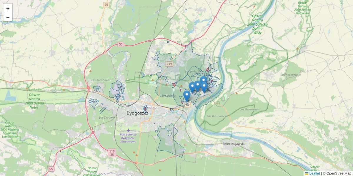 Szczegółowa mapa kodu pocztowego 85-950 z granicami, sąsiednimi kodami pocztowymi i urzędami pocztowymi