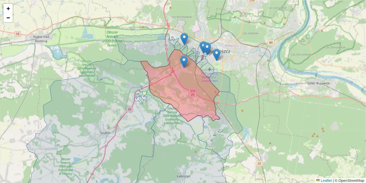 Szczegółowa mapa kodu pocztowego 86-005 z granicami, sąsiednimi kodami pocztowymi i urzędami pocztowymi