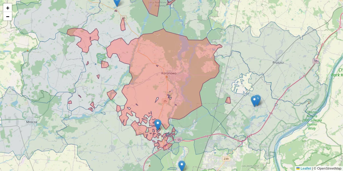 Szczegółowa mapa kodu pocztowego 86-010 z granicami, sąsiednimi kodami pocztowymi i urzędami pocztowymi