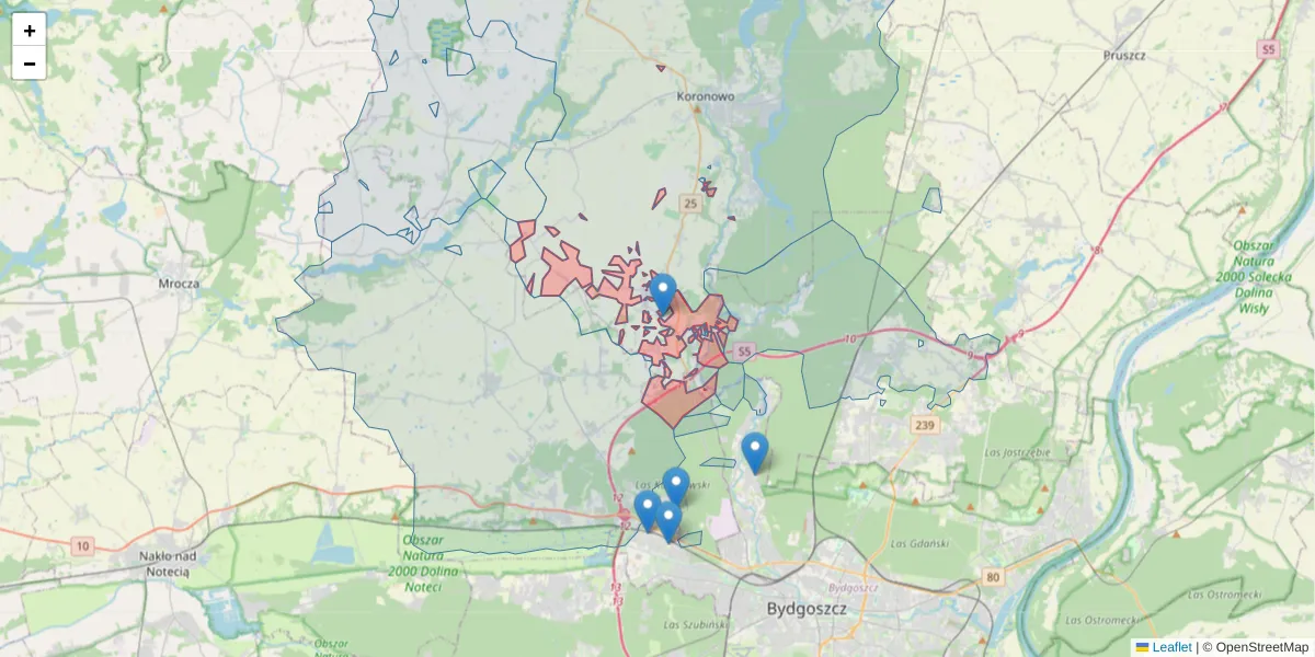 Szczegółowa mapa kodu pocztowego 86-011 z granicami, sąsiednimi kodami pocztowymi i urzędami pocztowymi