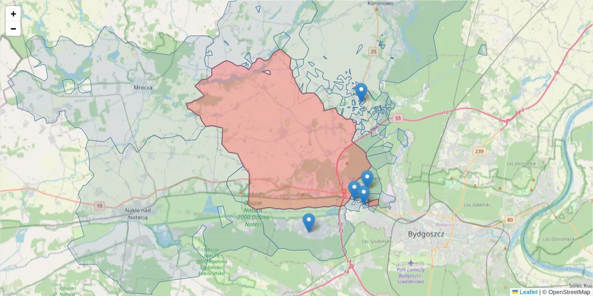 Szczegółowa mapa kodu pocztowego 86-014 z granicami, sąsiednimi kodami pocztowymi i urzędami pocztowymi