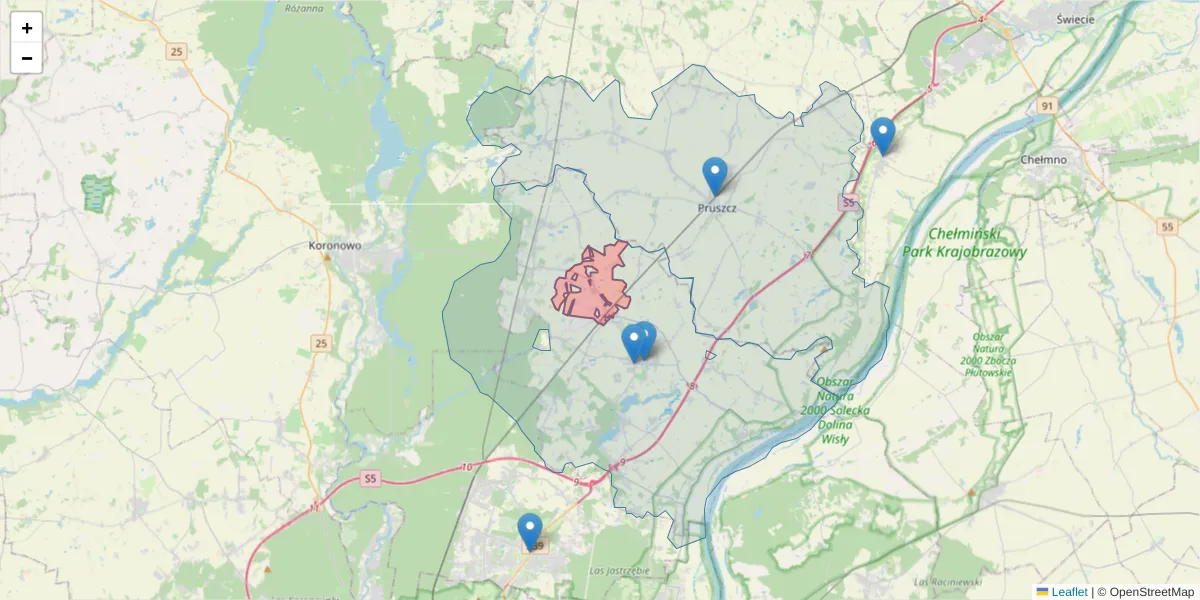 Szczegółowa mapa kodu pocztowego 86-020 z granicami, sąsiednimi kodami pocztowymi i urzędami pocztowymi