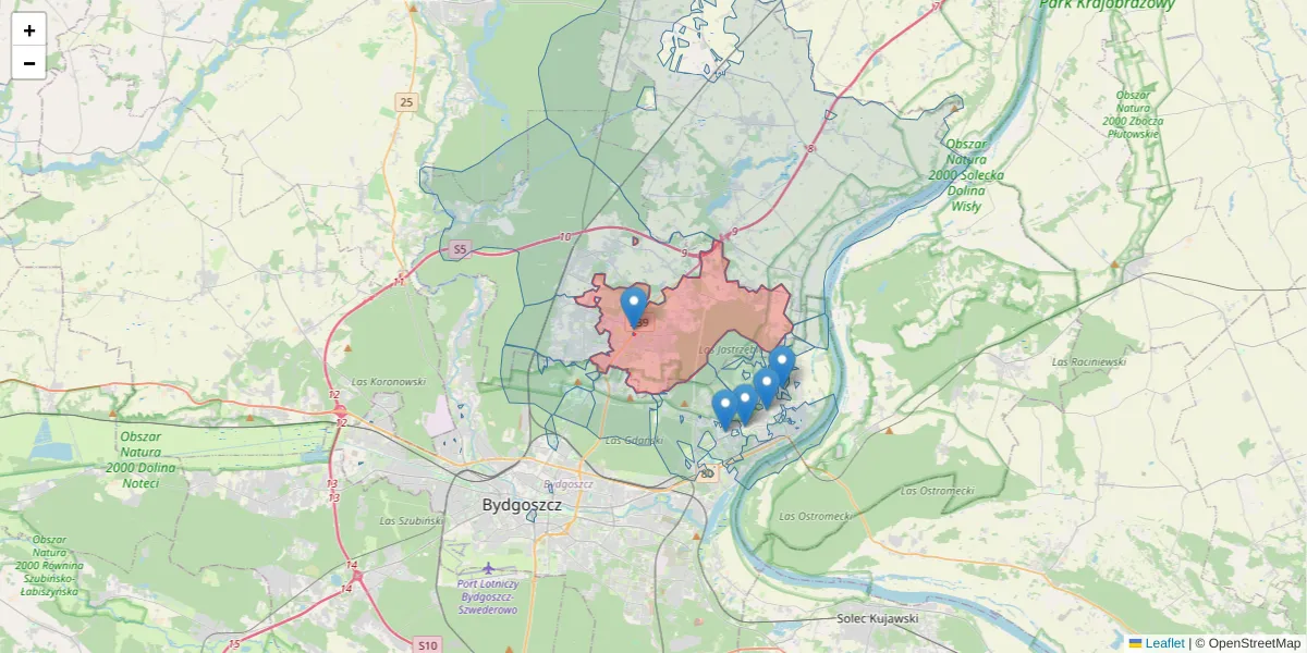 Szczegółowa mapa kodu pocztowego 86-031 z granicami, sąsiednimi kodami pocztowymi i urzędami pocztowymi