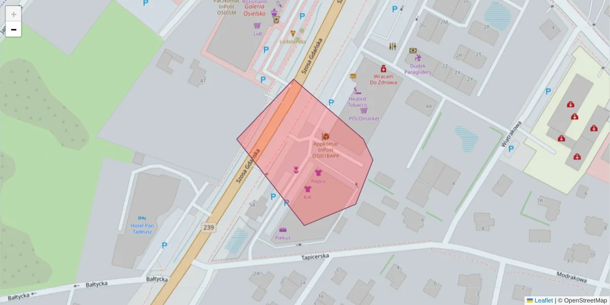 Szczegółowa mapa kodu pocztowego 86-033 z granicami, sąsiednimi kodami pocztowymi i urzędami pocztowymi