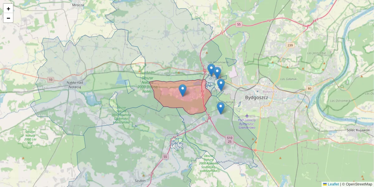 Szczegółowa mapa kodu pocztowego 86-065 z granicami, sąsiednimi kodami pocztowymi i urzędami pocztowymi