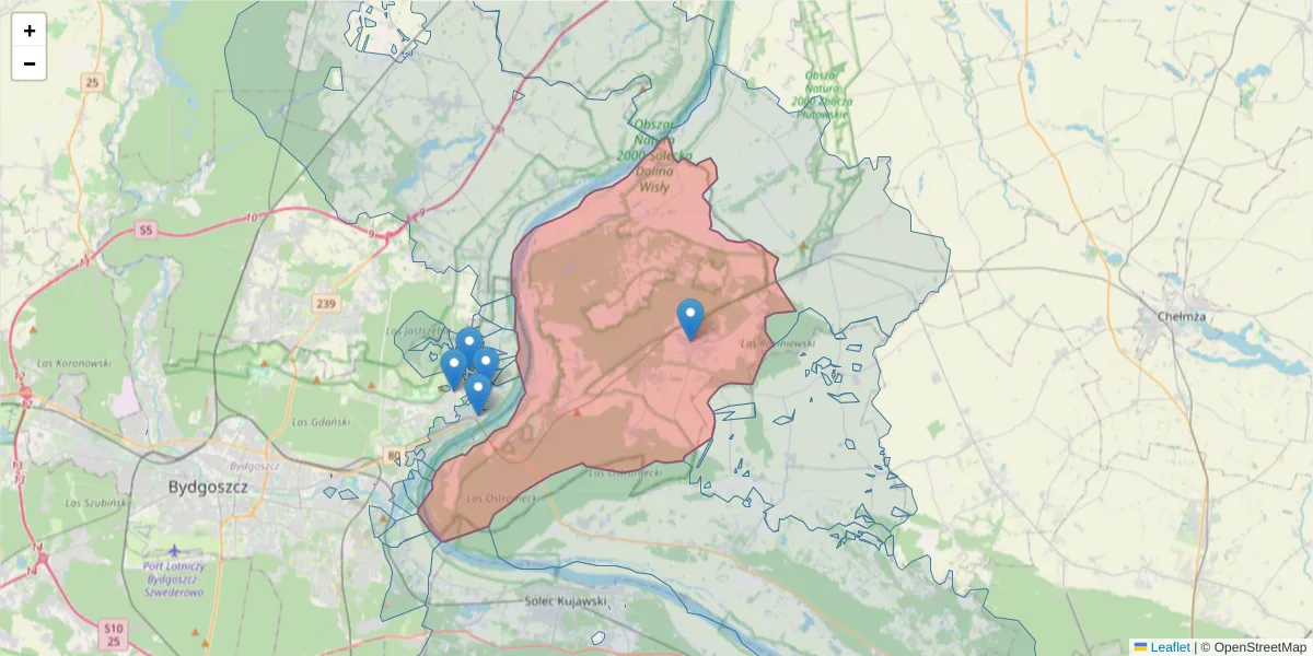 Szczegółowa mapa kodu pocztowego 86-070 z granicami, sąsiednimi kodami pocztowymi i urzędami pocztowymi