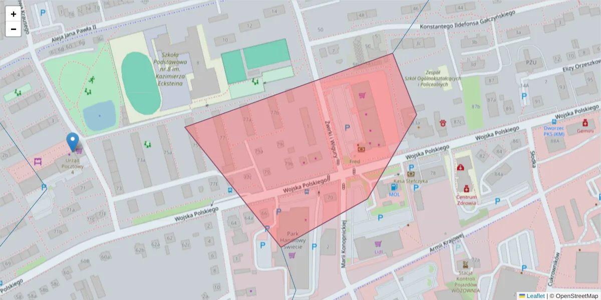 Szczegółowa mapa kodu pocztowego 86-101 z granicami, sąsiednimi kodami pocztowymi i urzędami pocztowymi