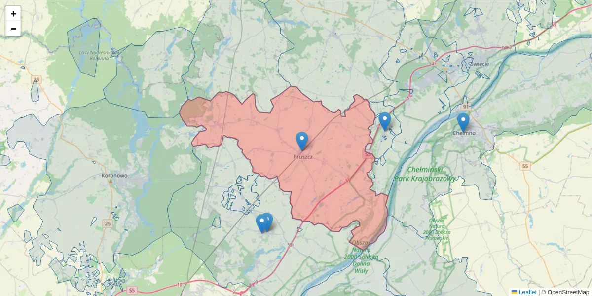 Szczegółowa mapa kodu pocztowego 86-120 z granicami, sąsiednimi kodami pocztowymi i urzędami pocztowymi